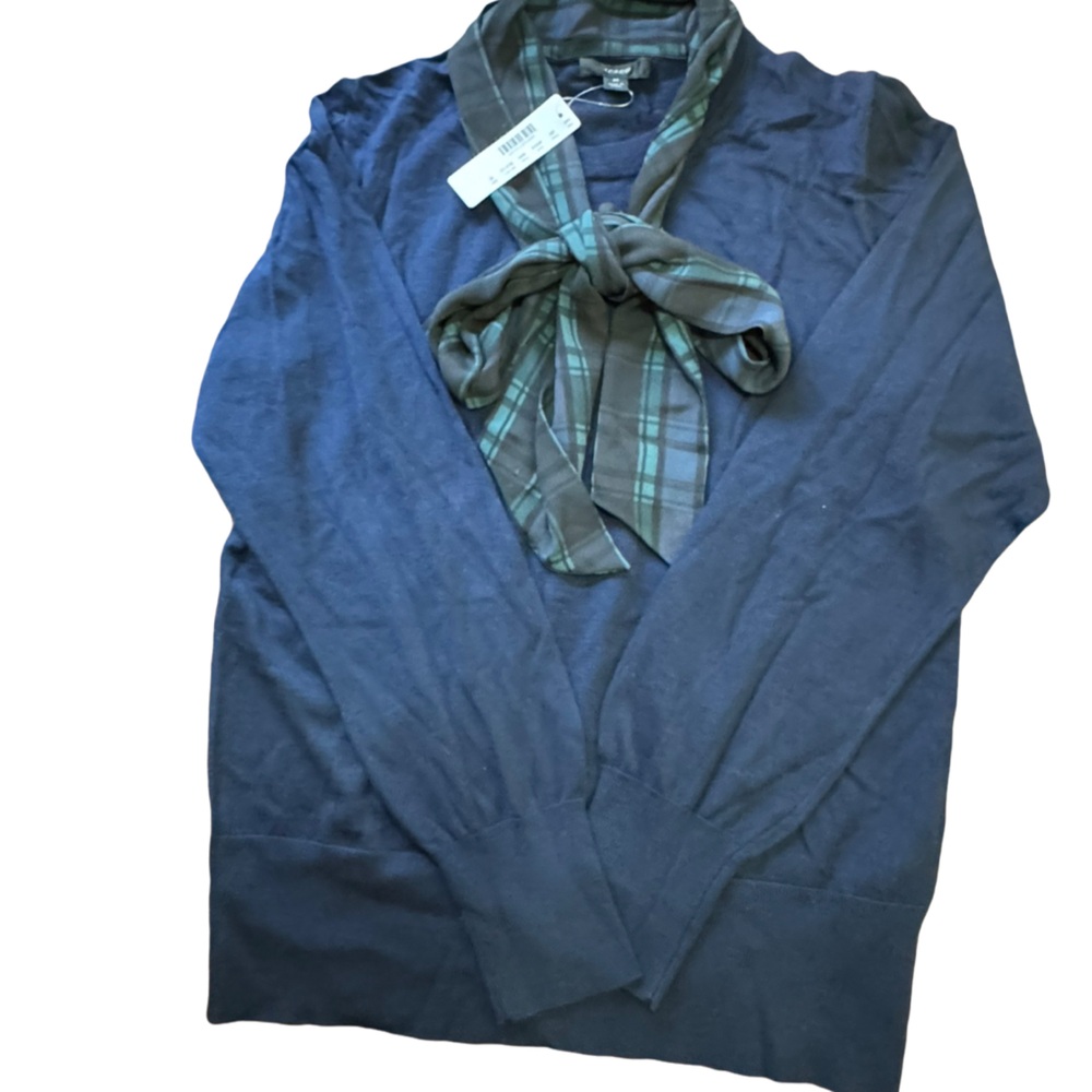 NWT Navy Jcrew Sweater with Green Plaid Tie Sz M